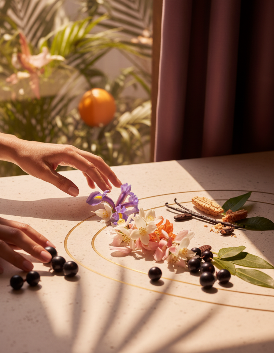 Groselha preta, flores e notas doces representando a evolução olfativa de Living Grace