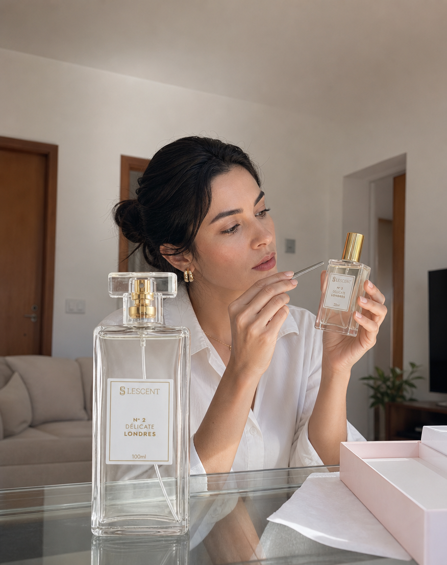 Mulher examinando os frascos Lescent Nº 2 de 100ml e 25ml em uma mesa de vidro
