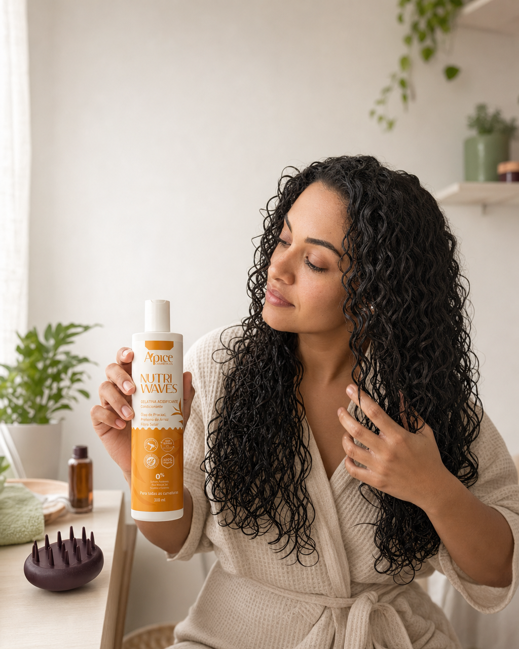 Mulher finalizando o cabelo molhado enquanto segura a Gelatina Nutri Waves