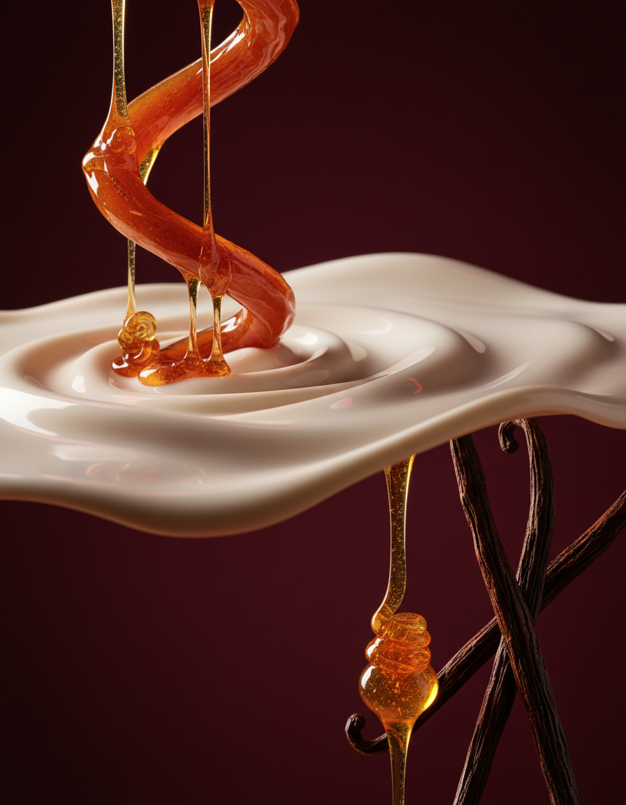 Composição sensorial inspirada em caramelo, leite, mel e baunilha