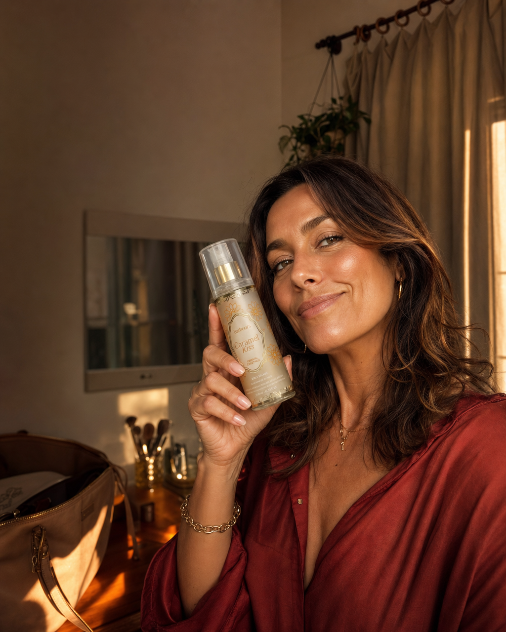 Mulher confiante segurando o Body Splash Caramel Kiss em um quarto iluminado pelo sol
